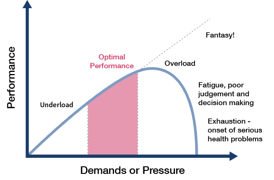 A pressure bell curve, showing how our performance dips under too much pressure, so good performance management needs to offer support.